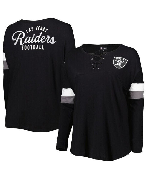 Women's Black Las Vegas Raiders Plus Size Athletic Varsity Lace-Up V-Neck Long Sleeve T-shirt