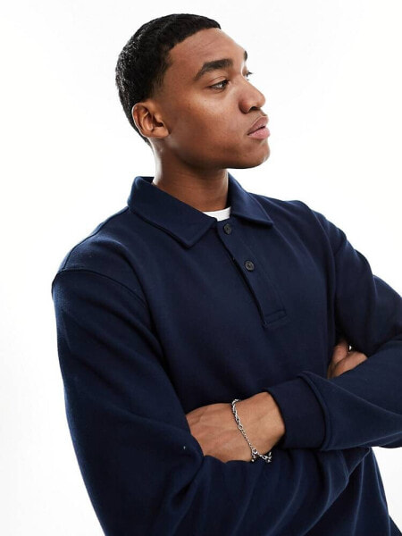 Selected Homme sweat long sleeve polo in navy 