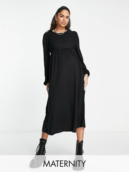 Mamalicious Maternity ruched bodice long sleeve midi dress in black