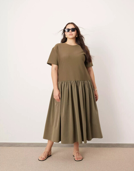 ASOS EDITION Curve jersey contrast fabric tshirt dress with drop waist in olive green