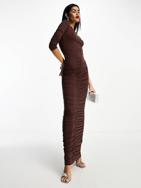 ASOS DESIGN long sleeve maxi dress with ruched skirt in chocolate 