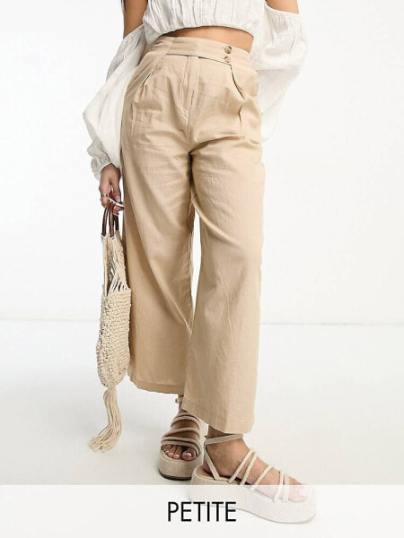 Vila Petite linen touch button tab wide leg trousers in beige