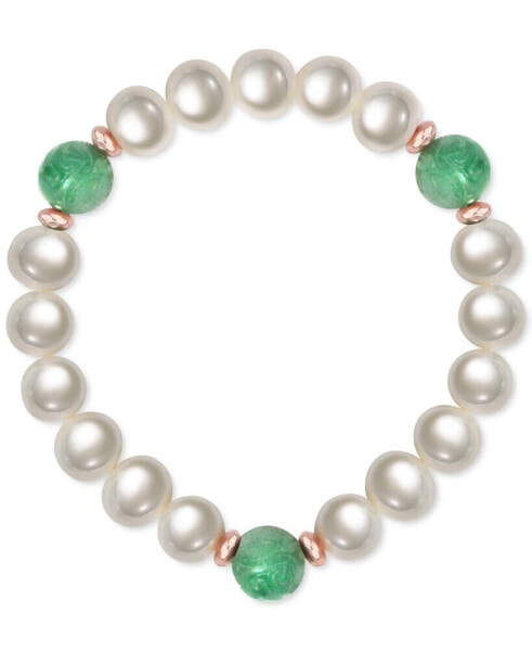 Cultured Freshwater Pearl (9mm), Jade & Rose Gold-Plated Hematite Stretch Bracelet
