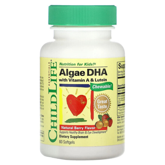Витаминный комплекс для здоровья детей ChildLife Essentials Альгии DHA с витамином А и лютеином, натуральная ягода, 60 капсул