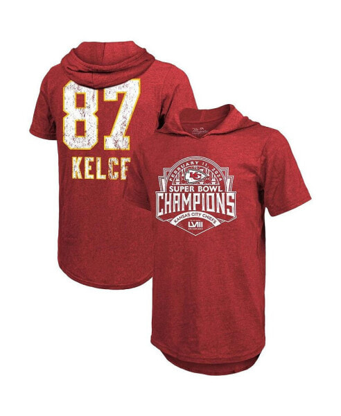 Men's Threads Travis Kelce Red Distressed Kansas City Chiefs Super Bowl LVIII Player Name and Number Tri-Blend Hoodie T-Shirt