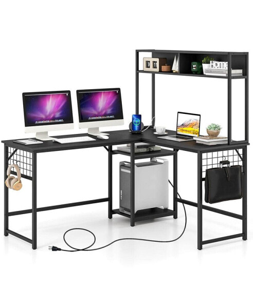 L-shaped Desk with Power Outlet Large Corner Desk Converts to 2-Person Long Desk Rustic