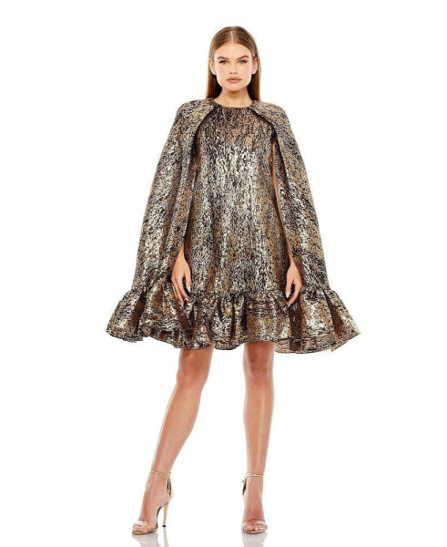 Women's High Neck Cape Sleeve Metallic Trapeze Mini Dress