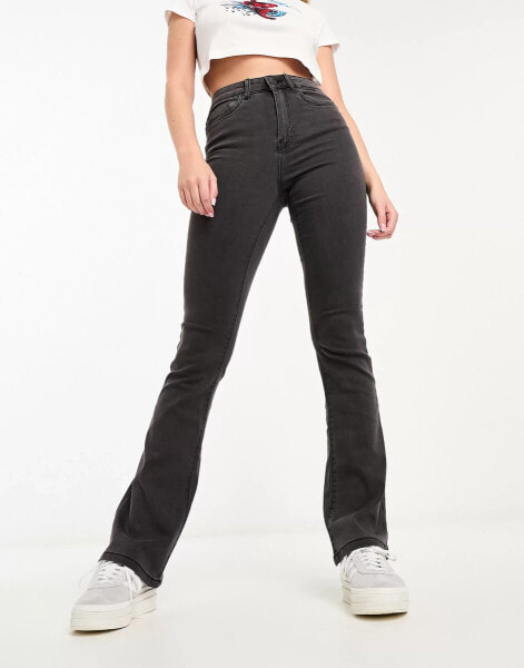 Noisy May Sallie mid waist flared jeans in dark grey