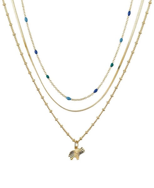 14K Gold Plated Elephant and Blue Enamel Beads Layered Necklace Set, 3 Pieces