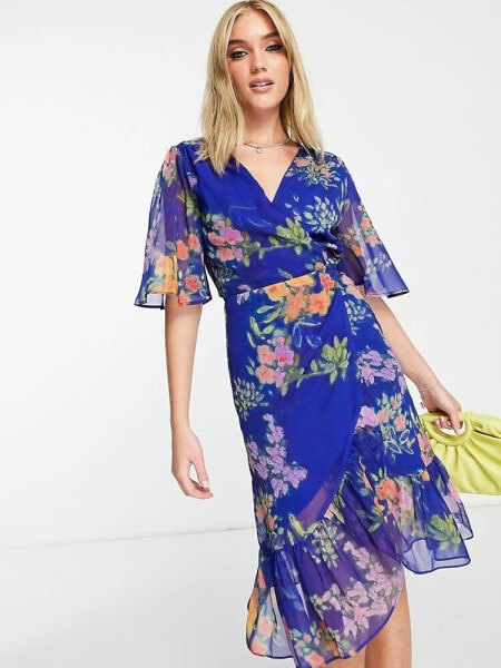 Hope & Ivy flutter sleeve wrap mini dress in cobalt floral