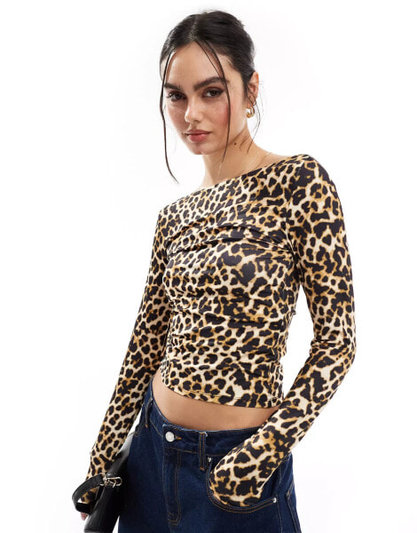 Stradivarius boat neck long sleeve top in leopard print