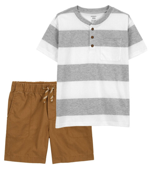 Kid 2-Piece Striped Jersey Henley & Pull-On Shorts Set 4