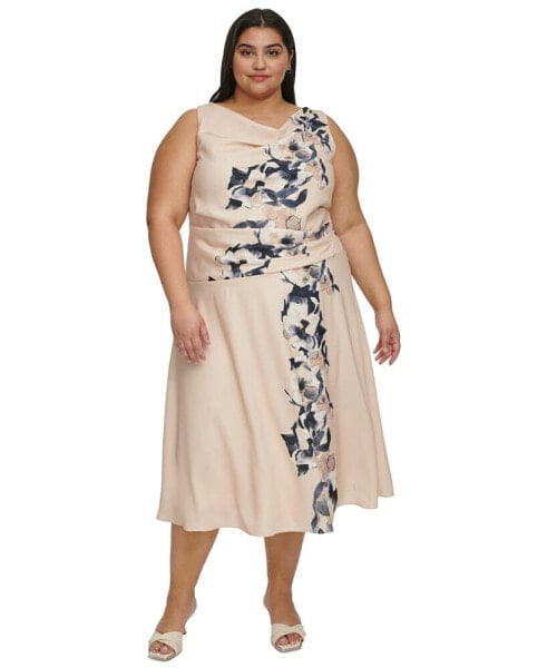 Plus Size Cowlneck Cascading-Floral Midi Dress