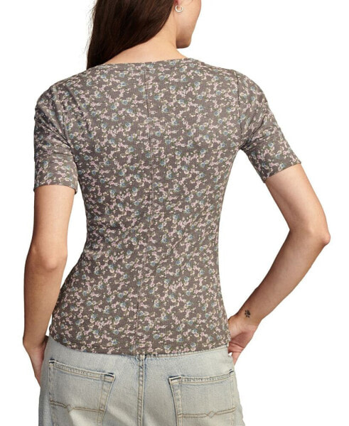 Women's Printed Ribbed Short-Sleeve Henley Tee