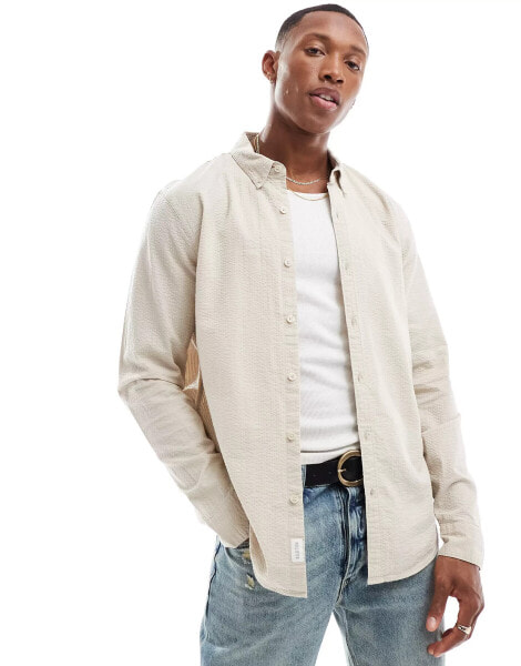 Hollister long sleeve dobby shirt in stone