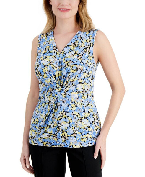 Petite Printed V-Neck Twist-Front Sleeveless Top