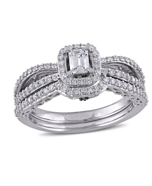 Certified Diamond (3/4 ct. t.w.) Emerald-Shape Halo Split Shank Bridal Set in 14k White Gold