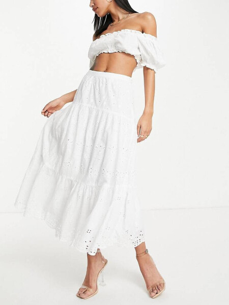 French Connection cotton tiered maxi skirt in white embroidery - WHITE