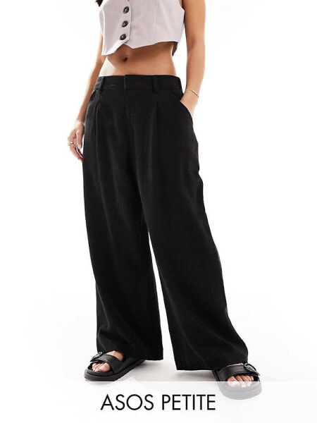 ASOS DESIGN Petite Wide leg dad trouser with linen in black