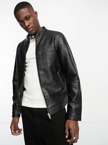 Jack & Jones Essentials faux leather biker jacket in black 