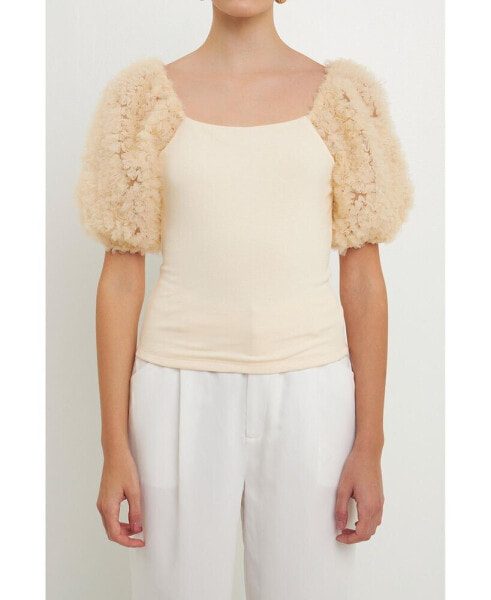 Women's Tulle Puff Sleeve with Knit Top