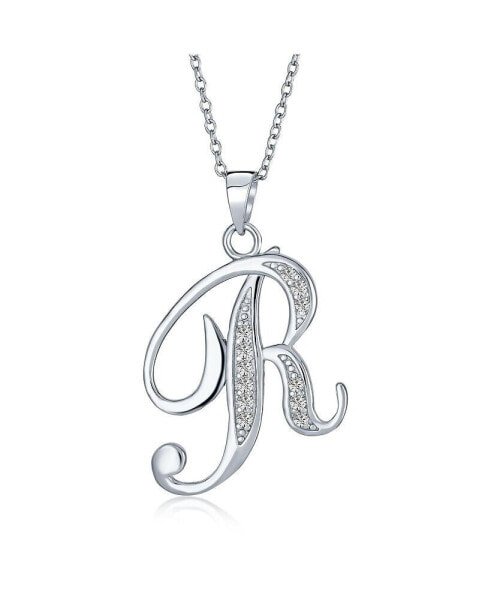 ABC Cubic Zirconia Pave CZ Cursive Script Letter Alphabet Initial R Pendant Necklace For Women Sterling Silver