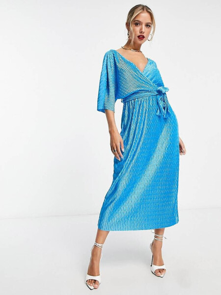 Y.A.S plisse wrap midi dress in blue 