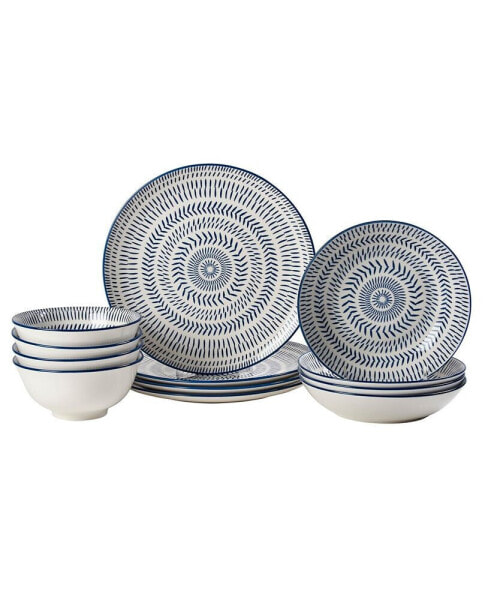 Navy Pad Print 12-PC Dinnerware Set, Service for 4