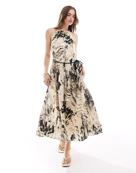 Mango snake print halterneck pleated midi dress in grey