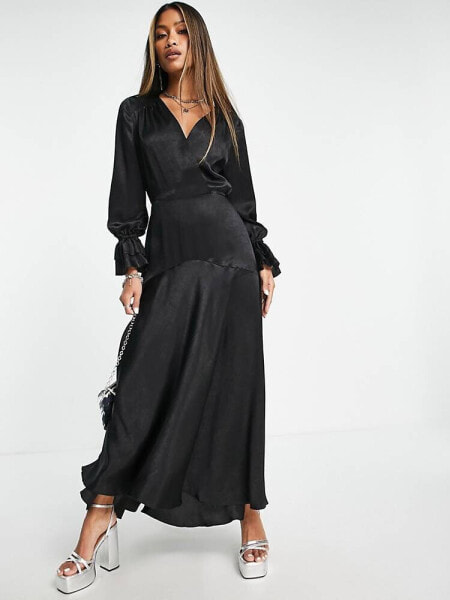 Flounce London satin long sleeve maxi dress in black satin 