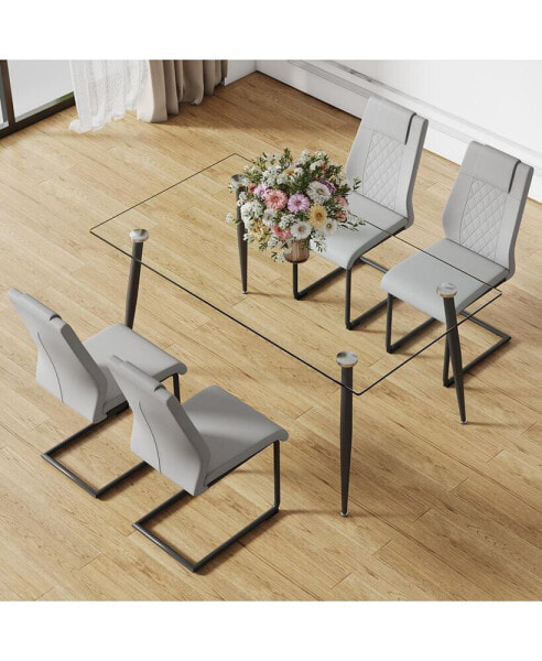 Modern Glass Dining Table and 4 PU Chairs, Easy Assembly