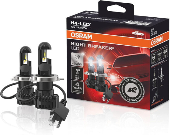 OSRAM Night Breaker H4 LED; Up to 230 Percent More Brightness, Legal Low and High Beam with Road Legal in Germany and Austria, Black
