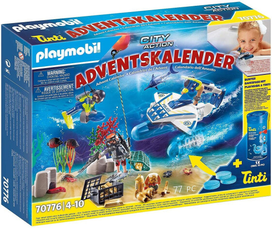 Игровой набор Playmobil Календарь Advent 70776 Полиция для купания с подводным скутером с двигателем и водными красками Tinti, 77 деталей, от 4 лет.
