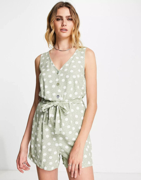 Vero Moda tie waist playsuit in sage spot