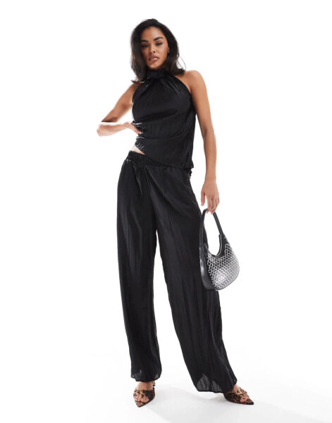 River Island plisse satin wide leg trouser co-ord in black