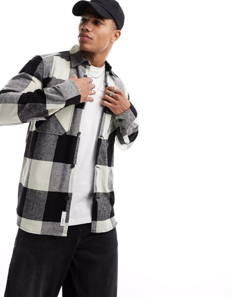 ONLY & SONS buffalo check overshirt in black and beige