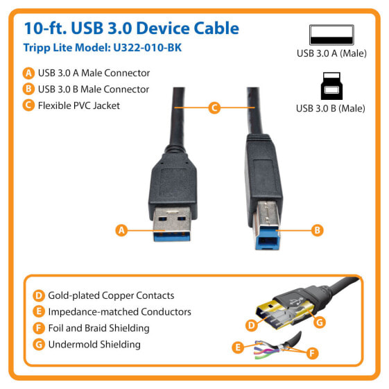 Tripp U322-010-BK USB 3.2 Gen 1 SuperSpeed Device Cable (A to B M/M) Black - 10 ft. (3.05 m) - 3.05 m - USB B - USB A - USB 3.2 Gen 1 (3.1 Gen 1) - Male/Male - Black