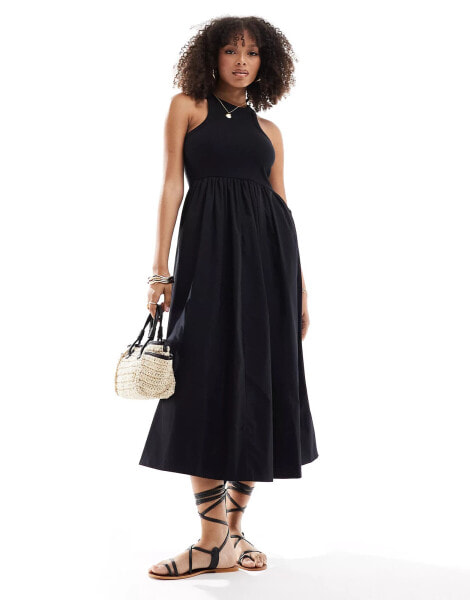 YAS racer neck jersey and cotton hybrid maxi dress in black - BLACK