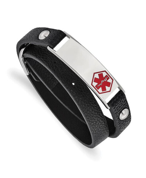 Stainless Steel Enamel Medical ID Black Leather Wrap Bracelet