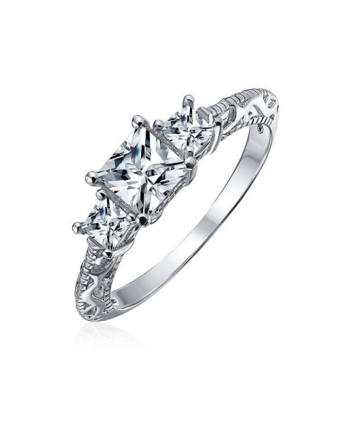 Traditional 3CTW Antique Milgrain Clear Three Stone Princess Solitaire AAA CZ Engagement Ring For Women .925 Sterling Silver