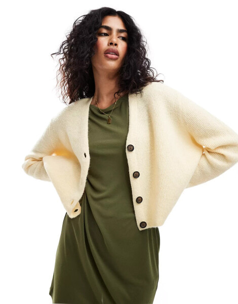 ASOS DESIGN v neck cardigan in loose knit in buttermilk