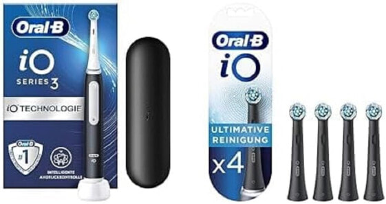 Oral-B iO Series 3 Electric Toothbrush + 4 iO Ultimate Cleaning Replacement Toothbrush Heads, 3 Cleaning Modes Including Sensitive Dental Care, Travel Case, Designed by Braun, Matt Black