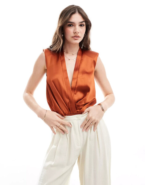 ASOS DESIGN sleeveless satin plunge bodysuit in rust