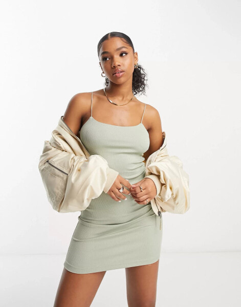 Miss Selfridge skinny strap rib cami dress in sage