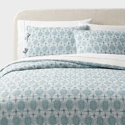 Full/Queen Boho Yarn Dye Ikat Duvet Cover and Sham Set Ivory/Teal Blue/Light