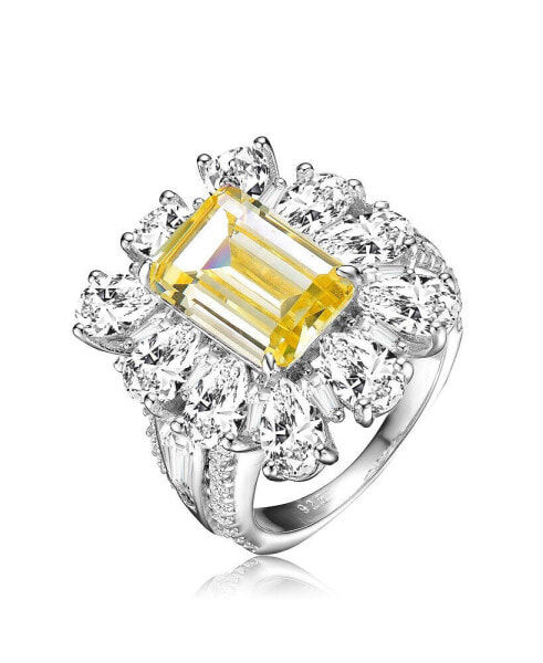 Sterling Silver White Gold Plated with Yellow Square Cubic Zirconia with Cubic Zirconia's Petals Flower Ring