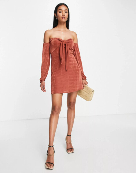 ASOS DESIGN slinky tie front bardot mini dress in rust