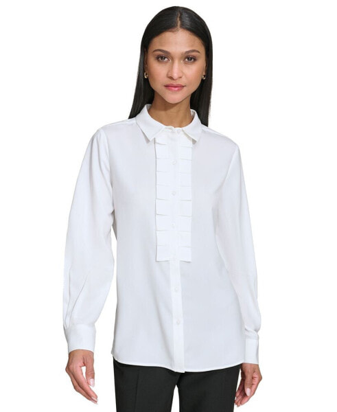 Women's Collared Pleat-Front Long-Sleeve Top