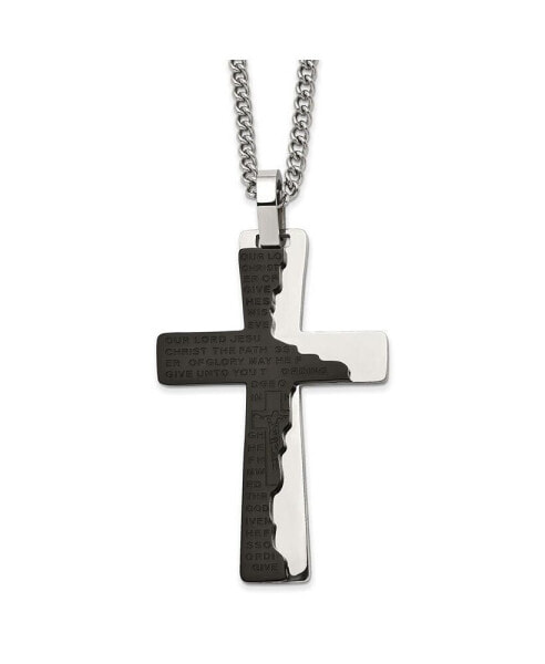 Black IP-plated Etched Broken Prayer Cross Pendant Curb Chain