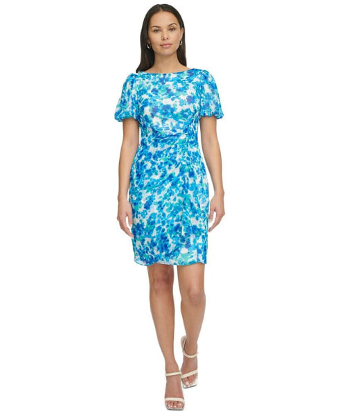 Women's Printed Boat-Neck Bubble-Sleeve Sheath Dress